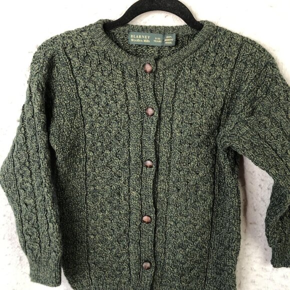 Blarney Woollen Mills Sweater Youth 8-10 Green Merino Wool Cable Knit Cardigan - Picture 8 of 12